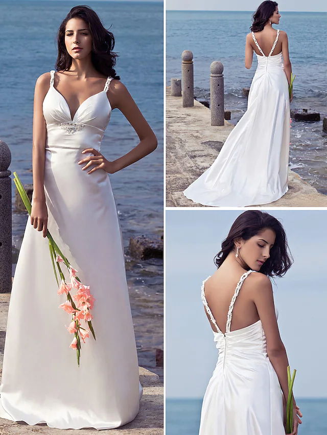 Luolandi Wedding Dresses Sweetheart Neckline Satin Spaghetti Strap Open Back with